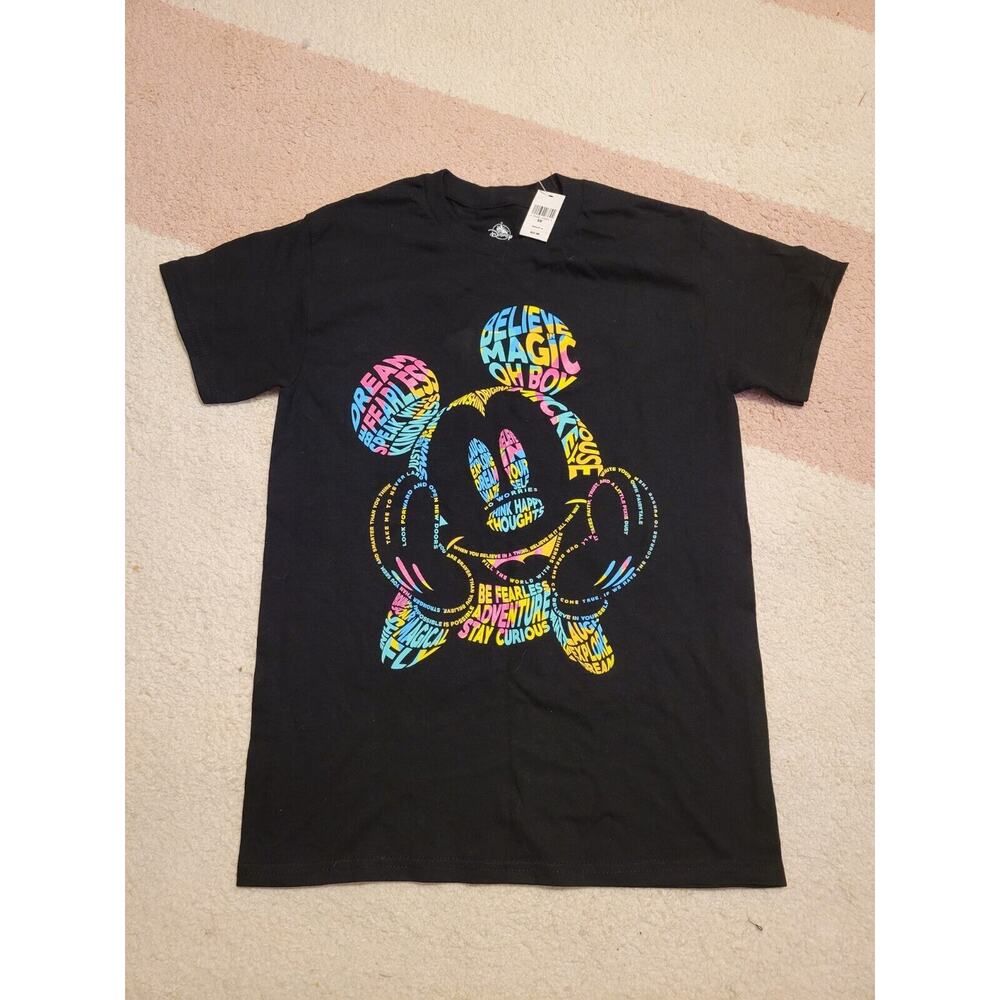 Disney Mickey Mouse Colorful Positive Words Black T-Shirt Adult Small *NWT